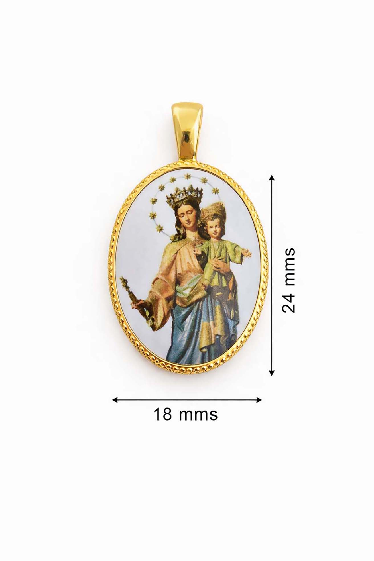 Medalla orla oval en plata de ley chapada con imagen de María Auxiliadora en porcelana. - Imagen 3