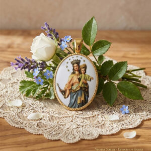 Medalla orla oval en plata de ley chapada con imagen de María Auxiliadora en porcelana.