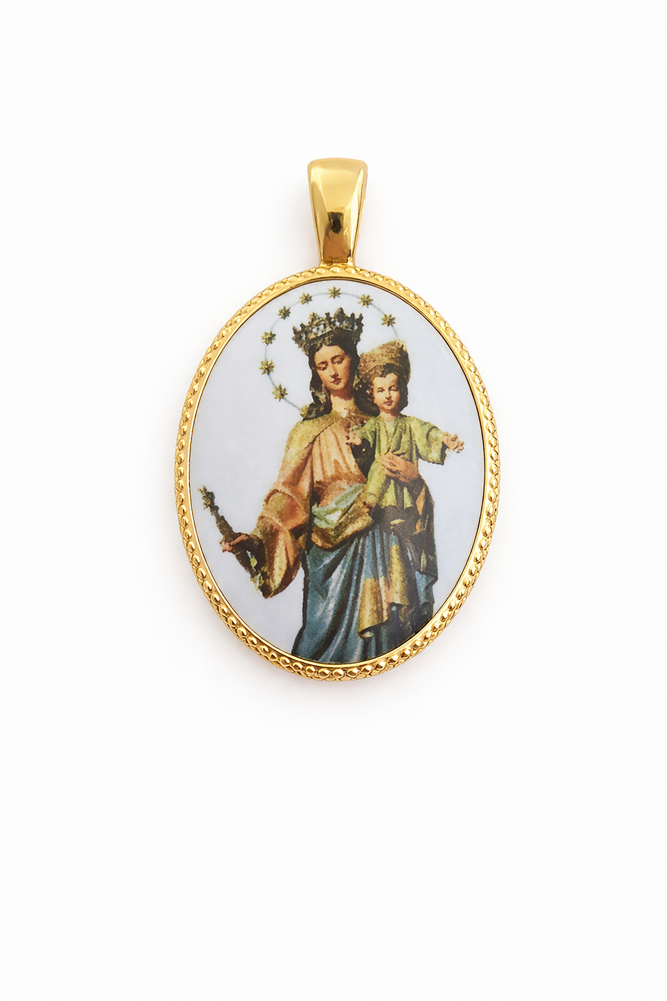 Medalla orla oval en plata de ley chapada con imagen de María Auxiliadora en porcelana. - Imagen 2