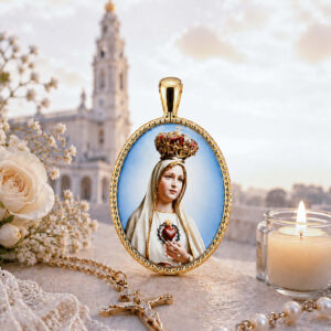 Medalla Oval Virgen de Fátima Plata de Ley Chapada en Oro 24 x 18 mms.
