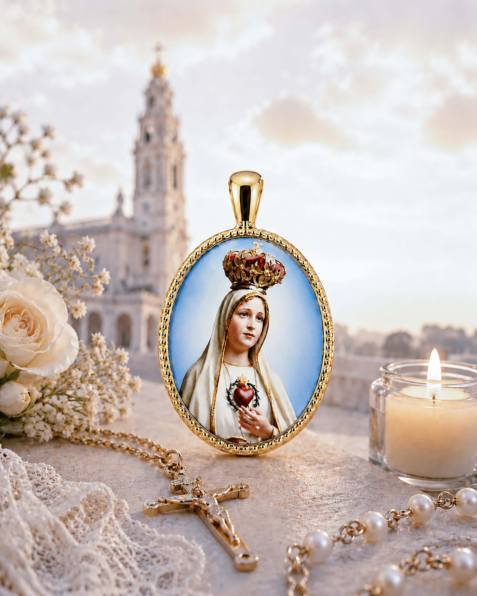 Medalla Oval Virgen de Fátima Plata de Ley Chapada en Oro 24 x 18 mms.