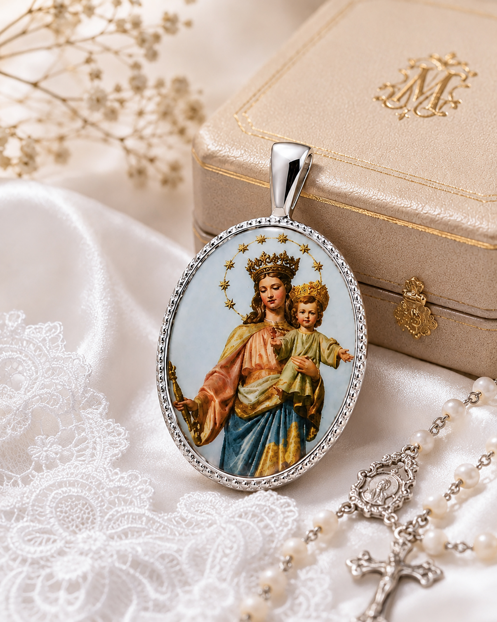 Medalla orla oval en plata de ley con imagen de María Auxiliadora en porcelana, 24 x18