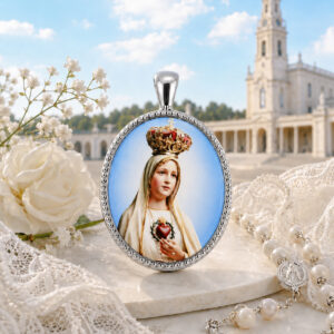 Medalla Oval Virgen de Fátima en Plata de Ley 24 x 18 mm | Imagen a Color, Marco Decorativo, Forma Ovalada, Joya Religiosa, Virgen de Fátima