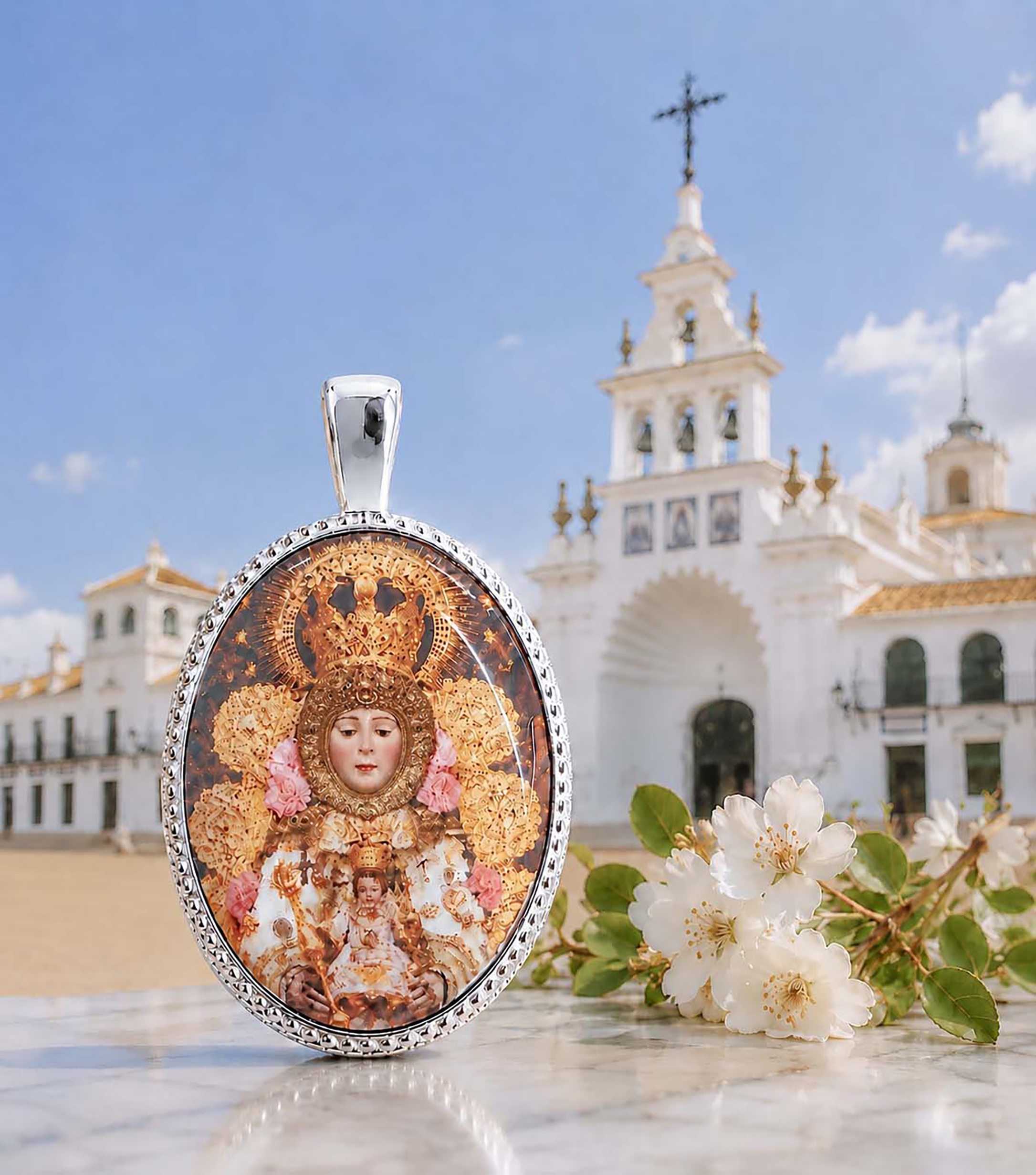Medalla Oval Virgen del Rocío en Plata de Ley 24 x18 mms.