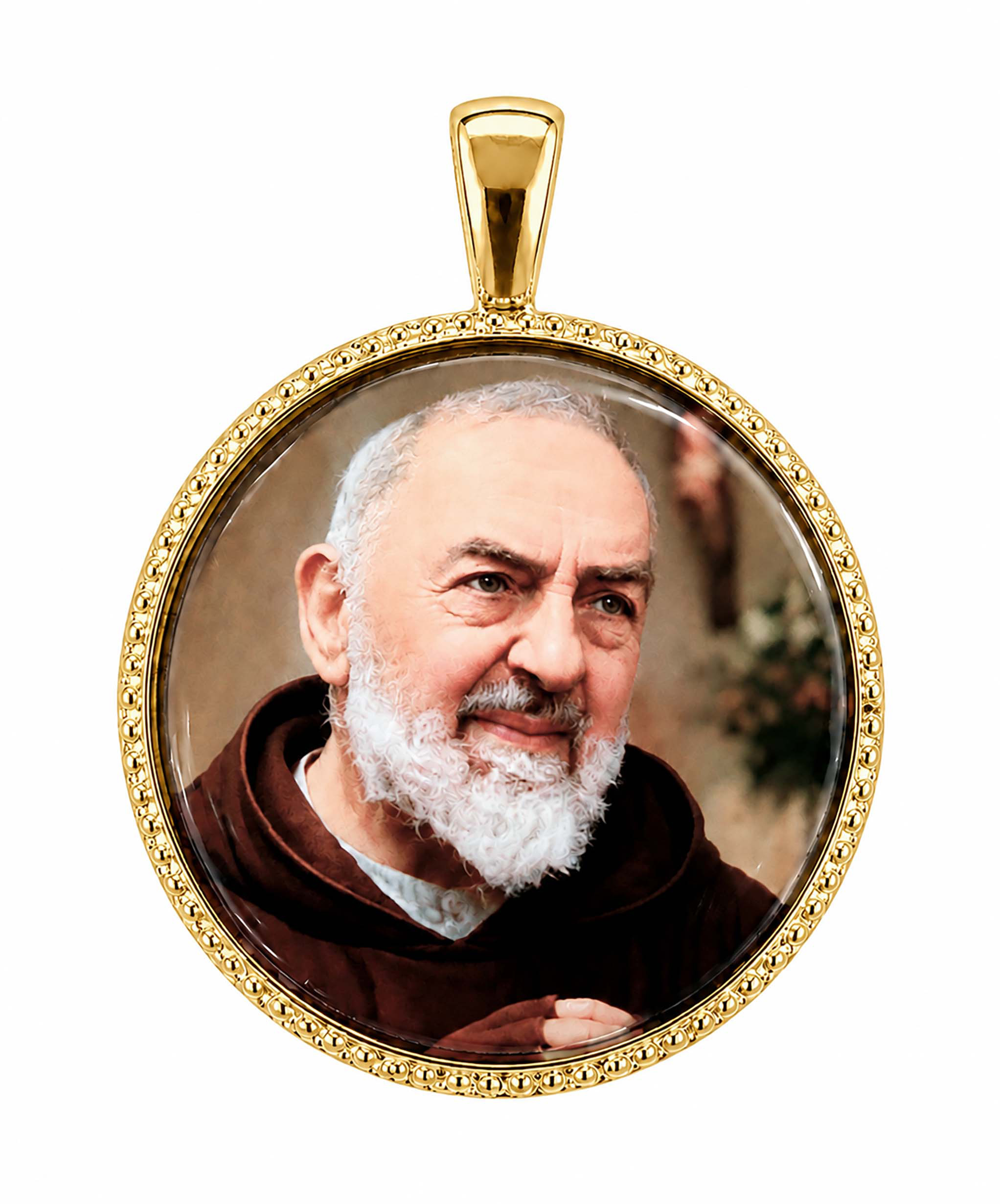 Medalla Redonda Padre Pío de Pietrelcina en Plata de Ley chapada de oro 22 mms. - Imagen 2